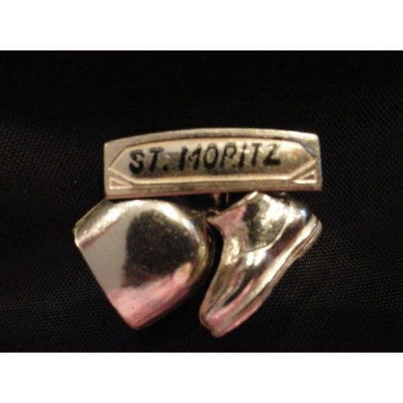 1960's Swiss St. Moritz Silver Tone Pin Working Bell & Hiking Boot Switzerland - Picture 1 of 5